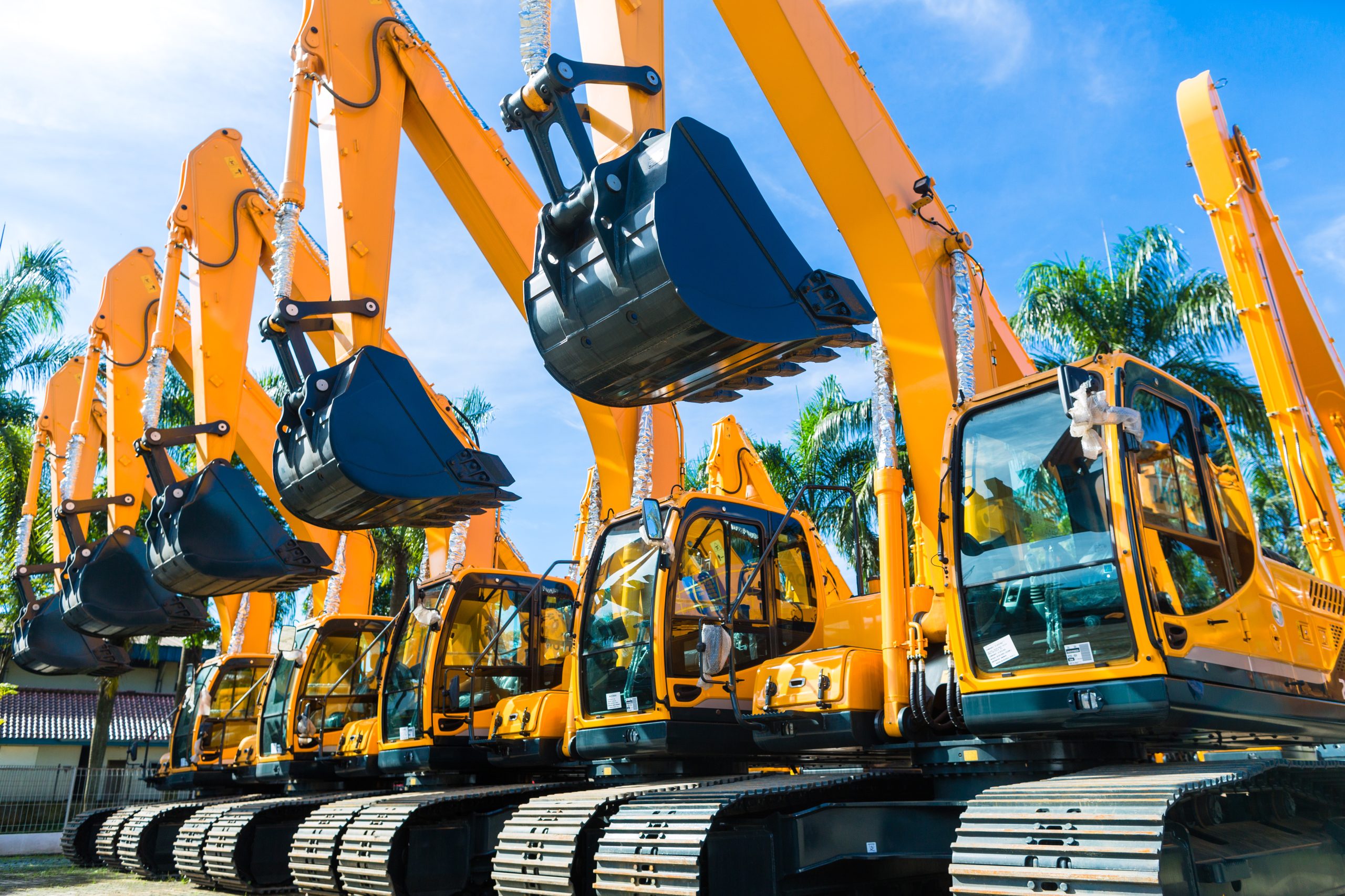 Vehicle fleet with construction machinery of building or mining company.